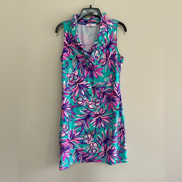 Aryeh Tropical Print Ruffle Neckline Sleeveless UPF +50 Sleeveless Dress, S - Picture 1 of 8